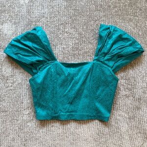 Rotate Birger Christensen Teal Puff Sleeve Lace Crop Top 4 Turquoise‎ Evening
